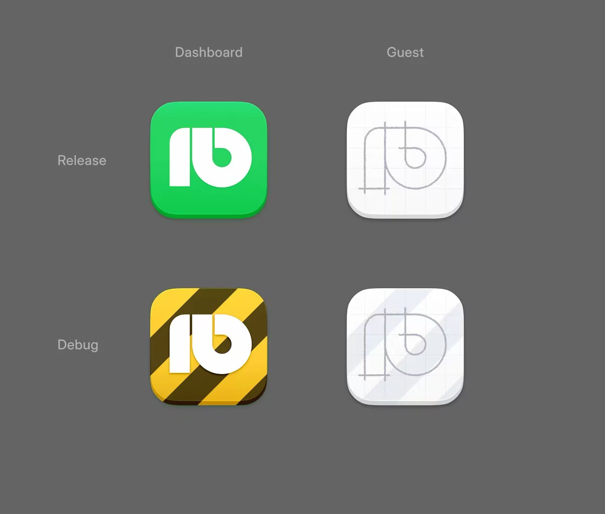 Playbit app icon set showing dashboard and guest release and debug variants